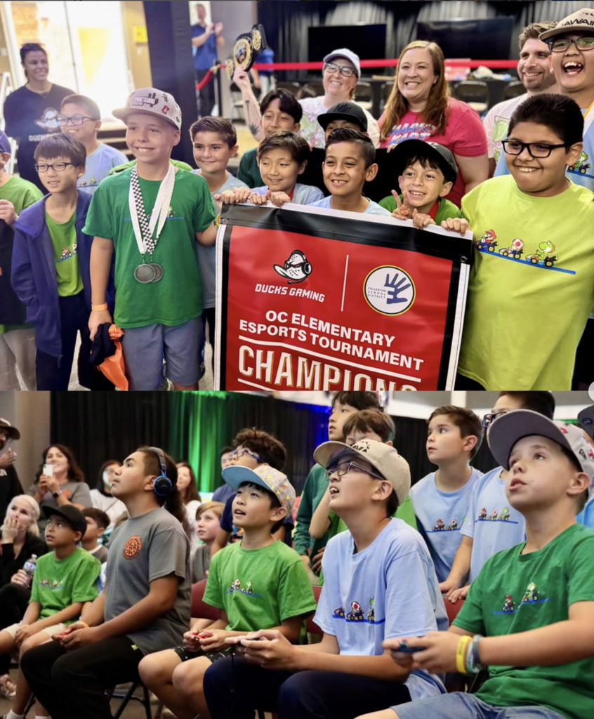 two photos featuring students in green shirts and using game control remotes while looking at the screen. Another photo of students and teacher holding the OC Elementary ESports Tournament Champions Banner