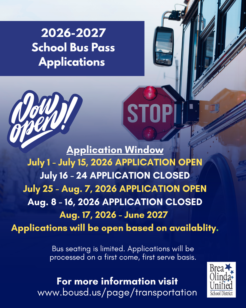 a flyer with information on the bus pass application period. the flyer has text over an image of a bus with red stop sign. BOUSD logo on flyer