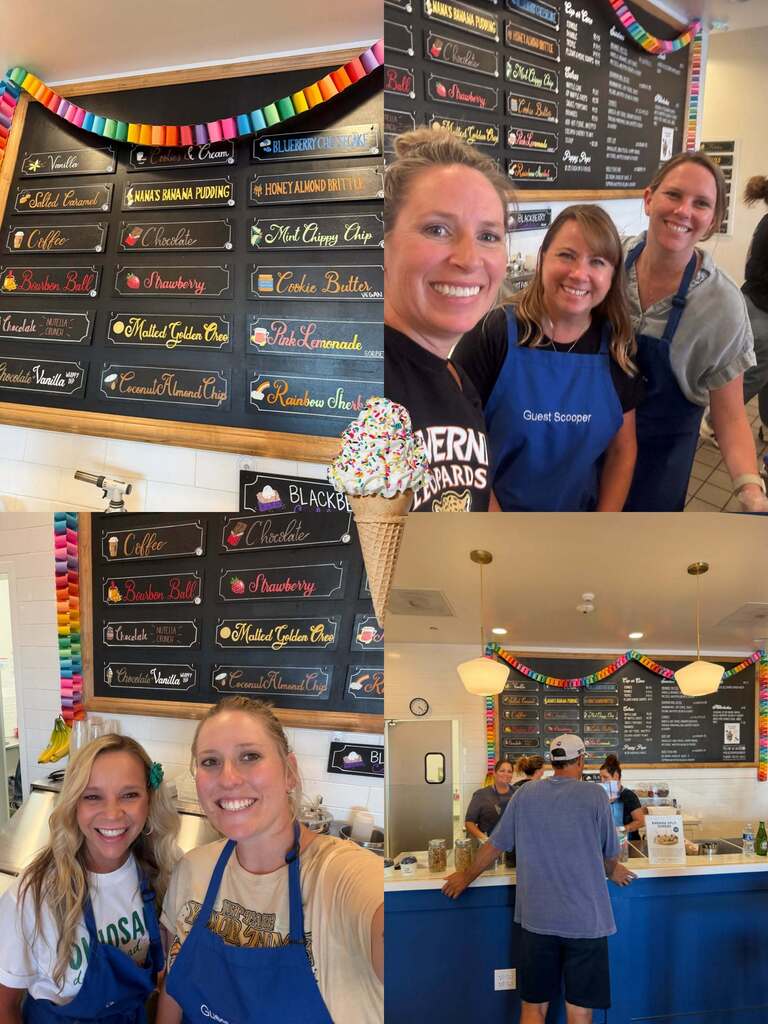 Ice cream menu and staff members dressed in blue aprons at Blue Scoop 
