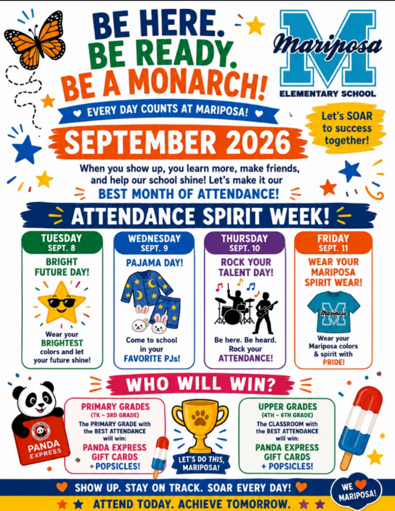 Attendance awareness flyer with colorful graphics and Mariposa logo 