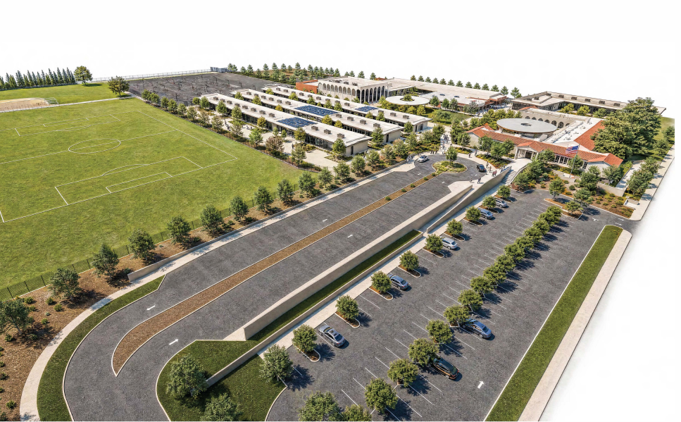 a rendering of a grassy field and parking lot with drop-off lanes adjacent to BJH