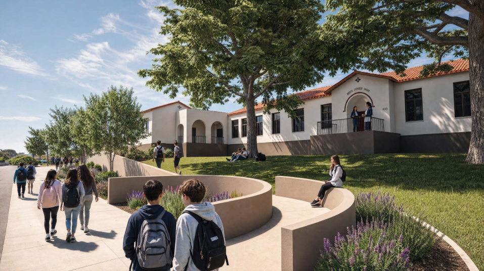 Brea Junior High Admin building renovated with green grass and walkways.