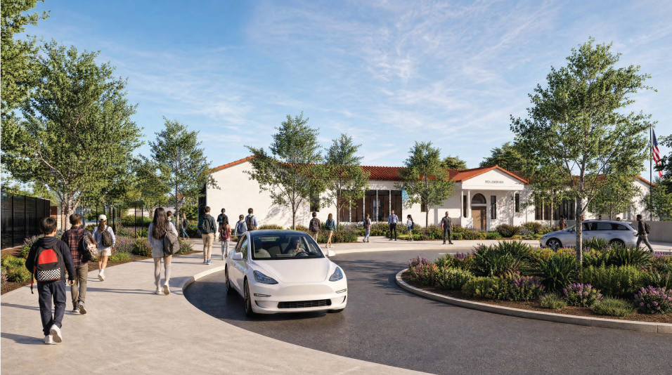 Rendering of the front of Brea Junior High with a A white Tesla making it's way around a circular road with trees in the middle. Students walking on a sidewalk to the left