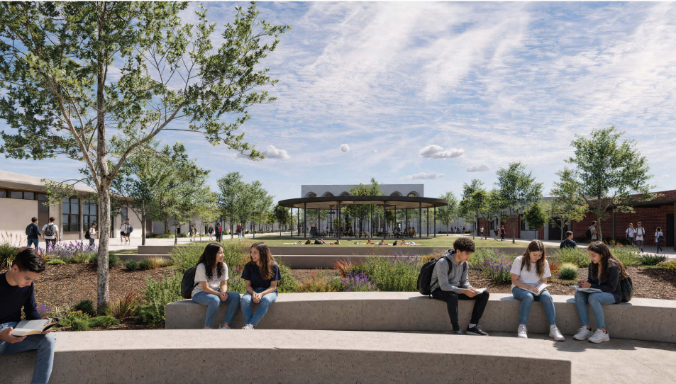 a rendering of multiple student siting on a cement block with a view of a building in the background. 