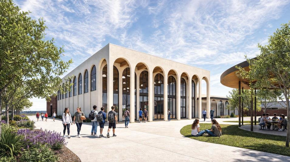 Rendering of A white building with arches sits on the BJH campus. Students sit on a grassy area and other student can be seen walking on a cement path