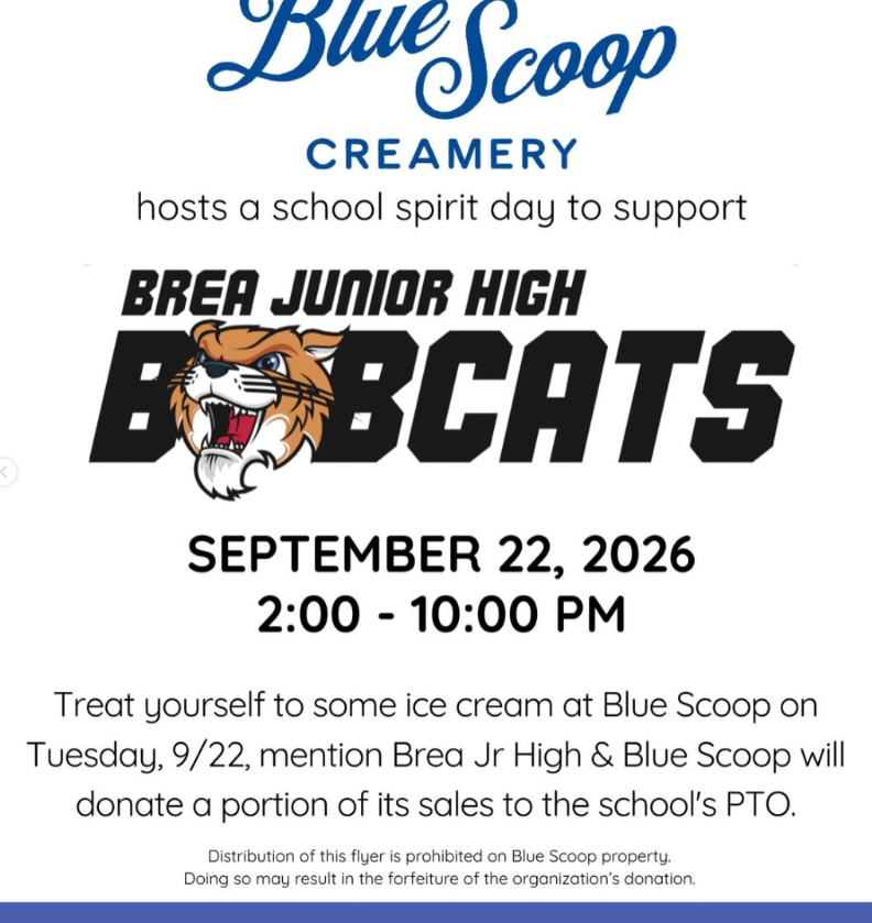 a flyer with brea junior high logo and information on Blue Scoop Creamery 