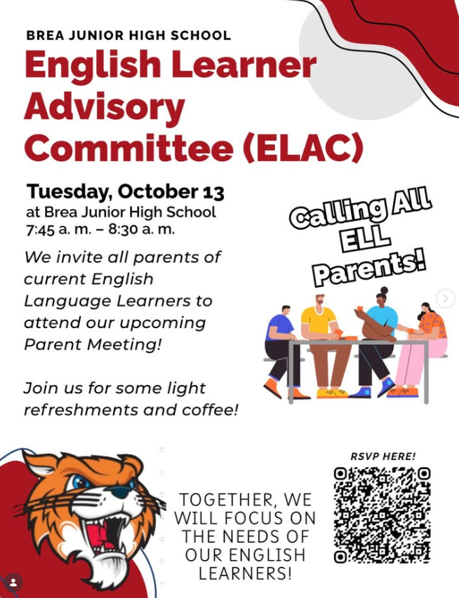 A flyer with BJH logo and information on the English Learner Advisory Committee (ELAC) scheduled for Tuesday Oct. 13 at 7:45 a..