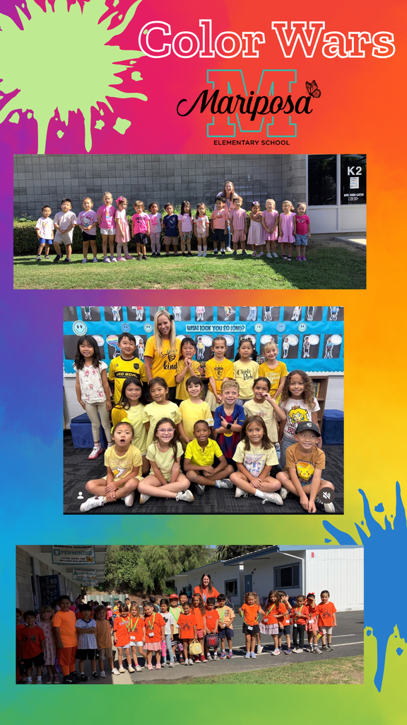 colorful background with pictures of students and teachers dressed in their grades color for color wars