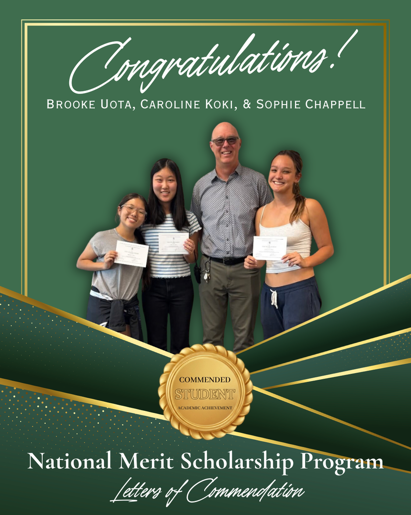 Green and gold graphic titled "Congratulations! Text below reads "National Merit Scholarship Program Letters of Commendation" with a gold seal for Commended Student.