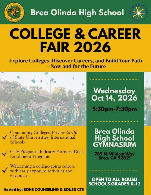 Green and yellow promotional flyer for the Brea Olinda High School College & Career Fair 2026. Event details state Wednesday, Oct 14, 2026, 5:30pm-7:30pm at the Brea Olinda High School Gymnasium (789 N. Wildcat Way, Brea, CA 92821). Features bullet points highlighting community colleges, private and out-of-state universities, CTE programs, and industry partners. Open to all BOUSD schools grades K-12, hosted by BOHS Counseling & BOUSD CTE.