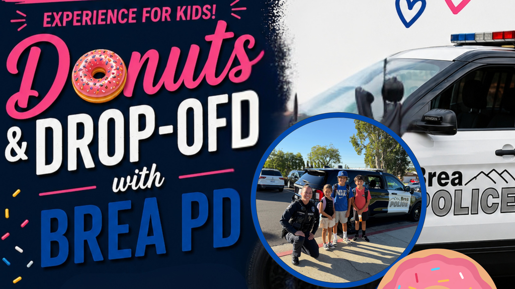 image of Police car saying donuts & drop off, also a picture of the students with Brea Pd 