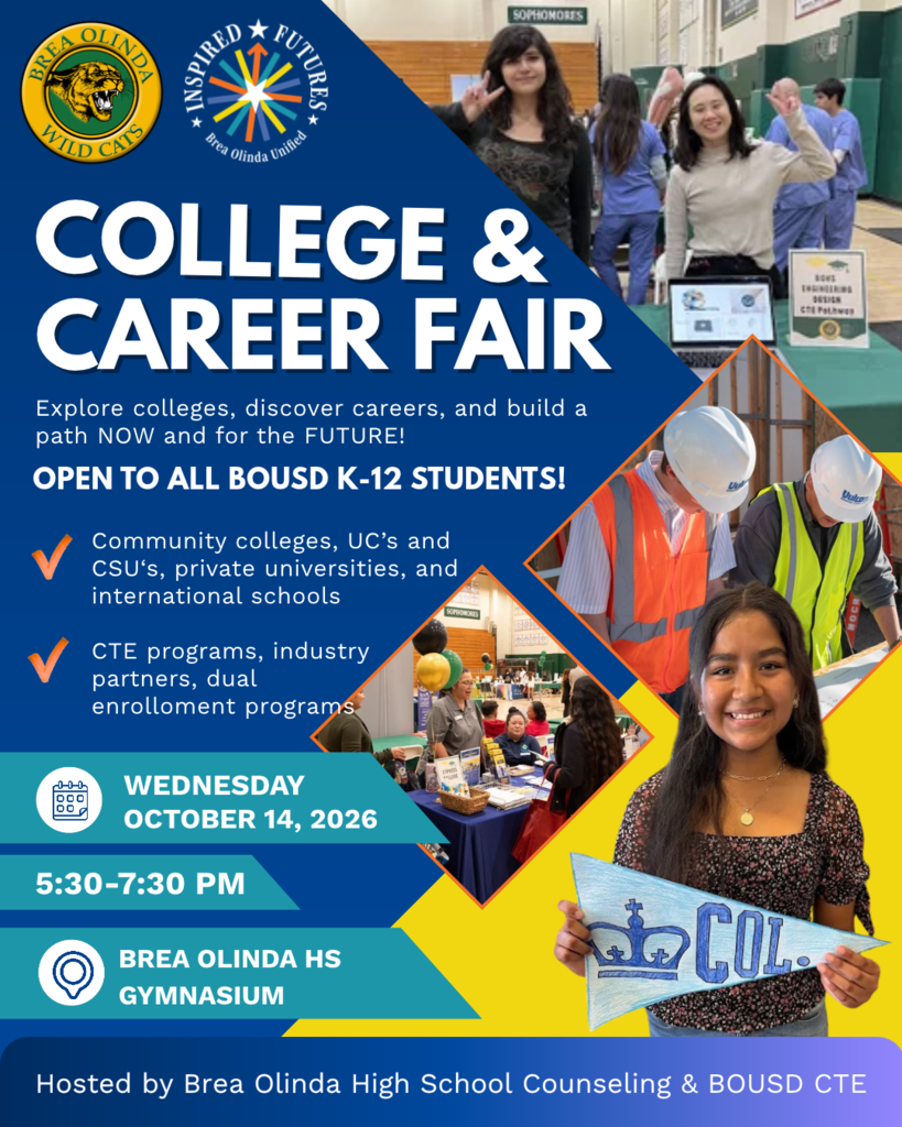 a flyer with images of students and career fair booths. Text on the flyer with details of the BOHS College and Career Fair on Oct. 14 at 530-730 pm at BOHS