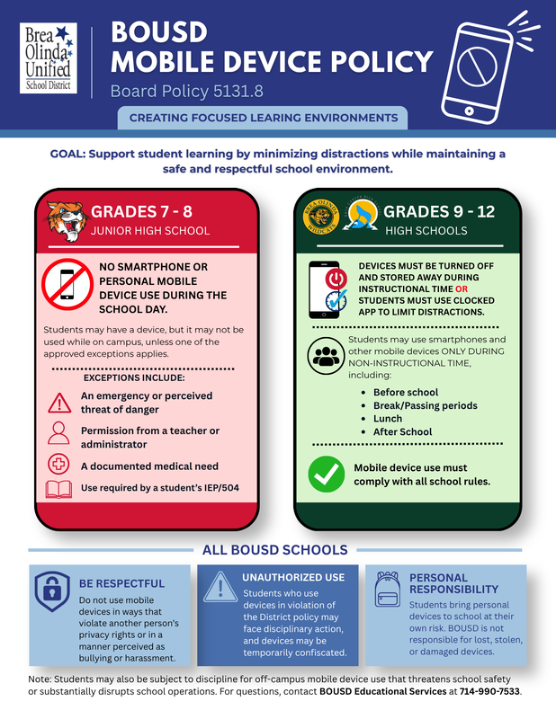 a flyer with information on BOUSD Mobile Device Policy
