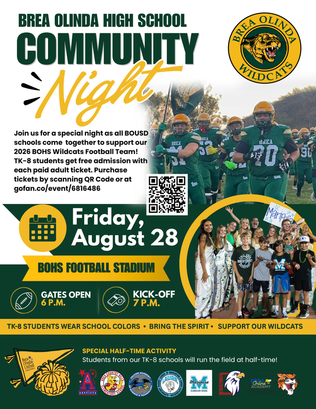 flyer with green and gold elements, school logos, photo of football players on the field with flag and smaller photo of students raising arms and cheering