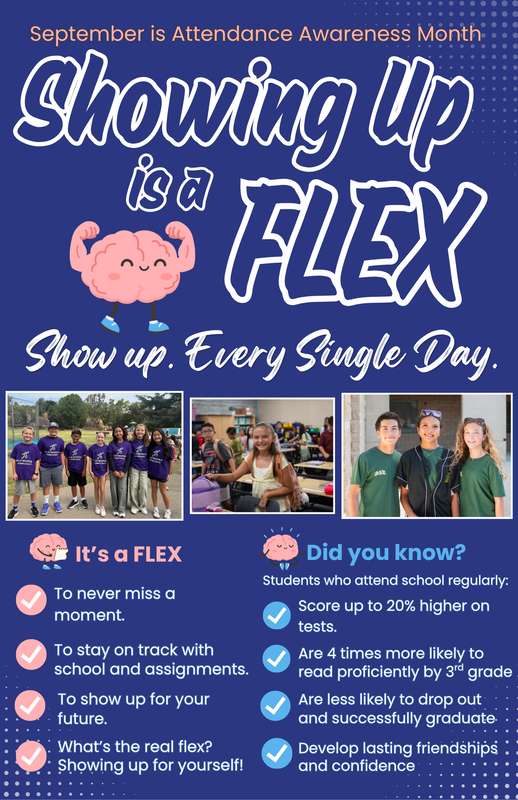 a poster flyer in dark blue with photos of students from across the district. Text on graphic: Showing Up is a Flex. Show up. Every Single Day. Statistics on school attendance