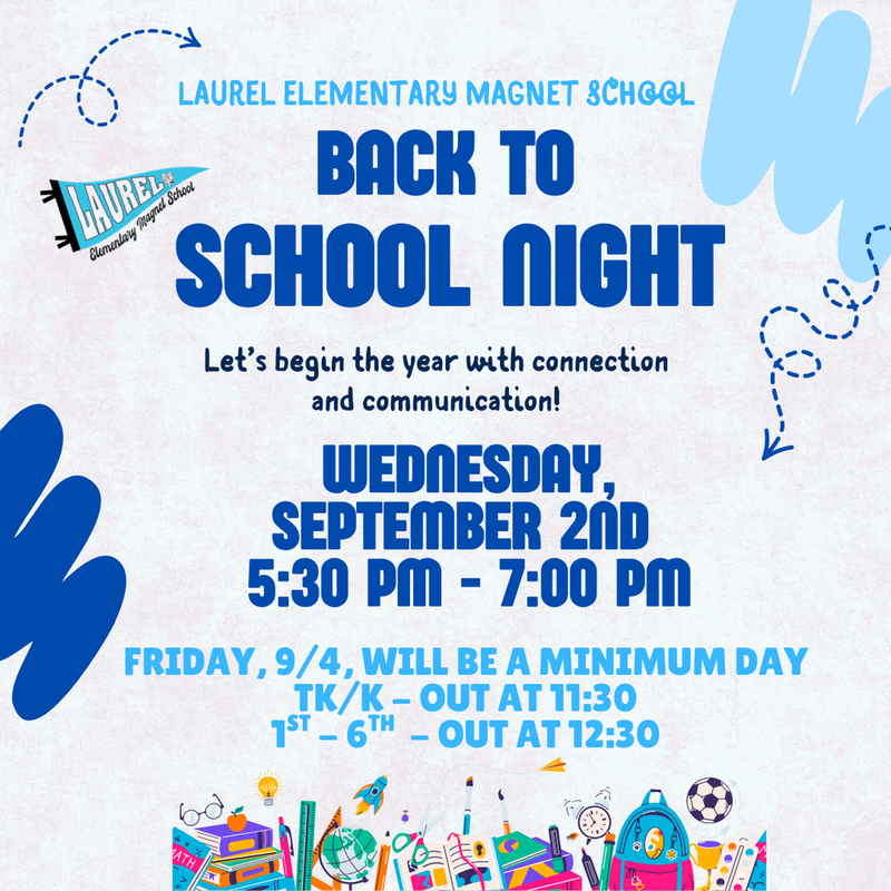 a flyer with Back-to-School Night information and graphics of arrows, paint, school supplies