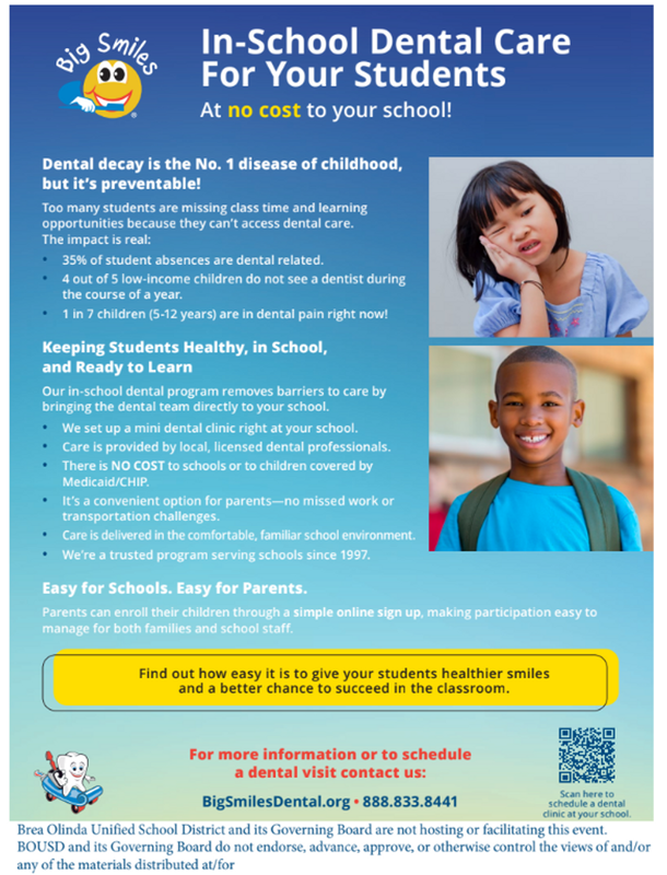 flyer with information on big smiles in-school dental care