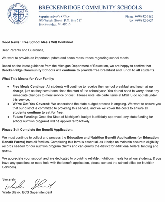 School Lunches Still Free Memo