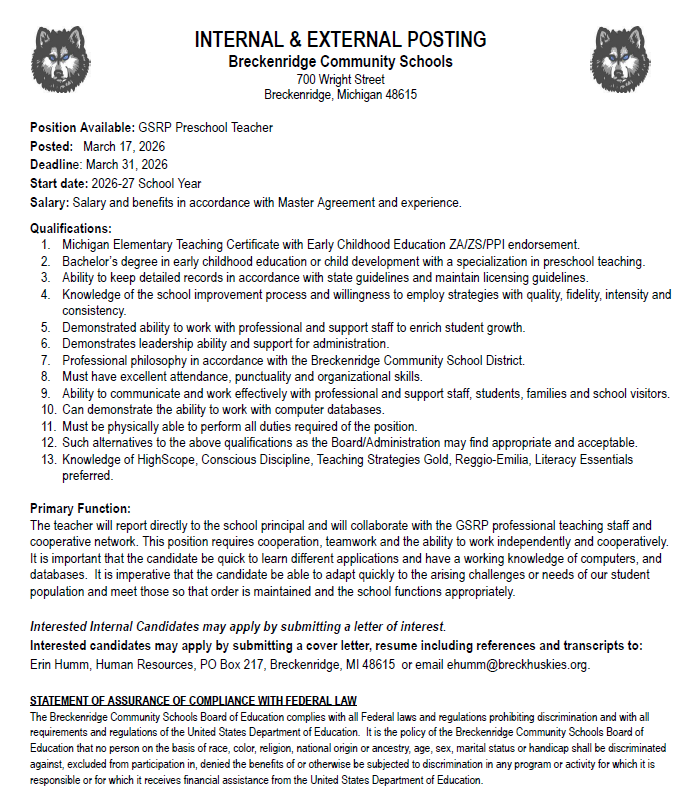 teacher postings for Breckenridge Comm Schools