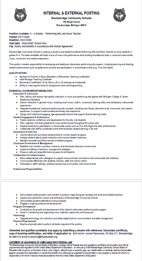 teacher postings for Breckenridge Comm Schools