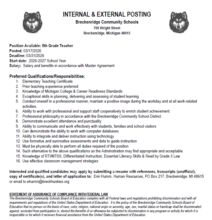 teacher postings for Breckenridge Comm Schools