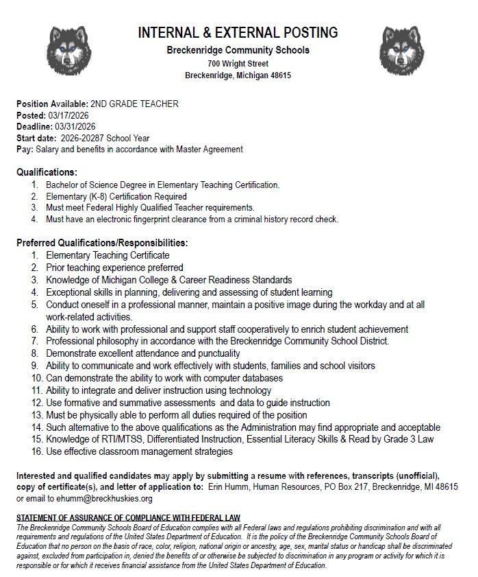 teacher postings for Breckenridge Comm Schools