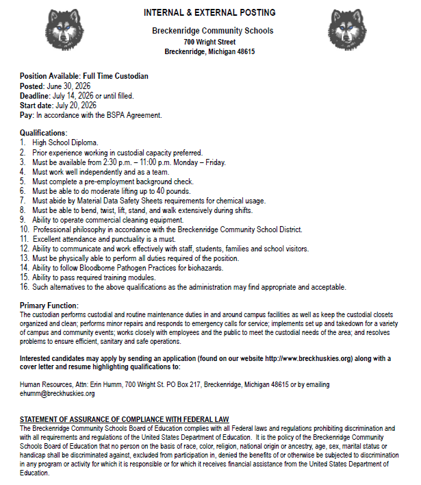 Full Time Custodian