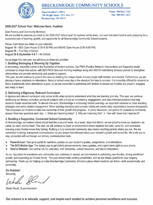 Back To School Letter 2026