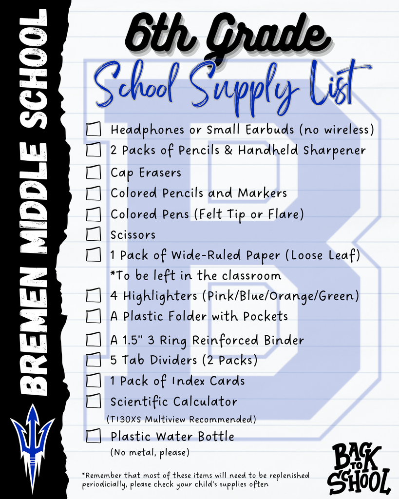 6th grade supply list