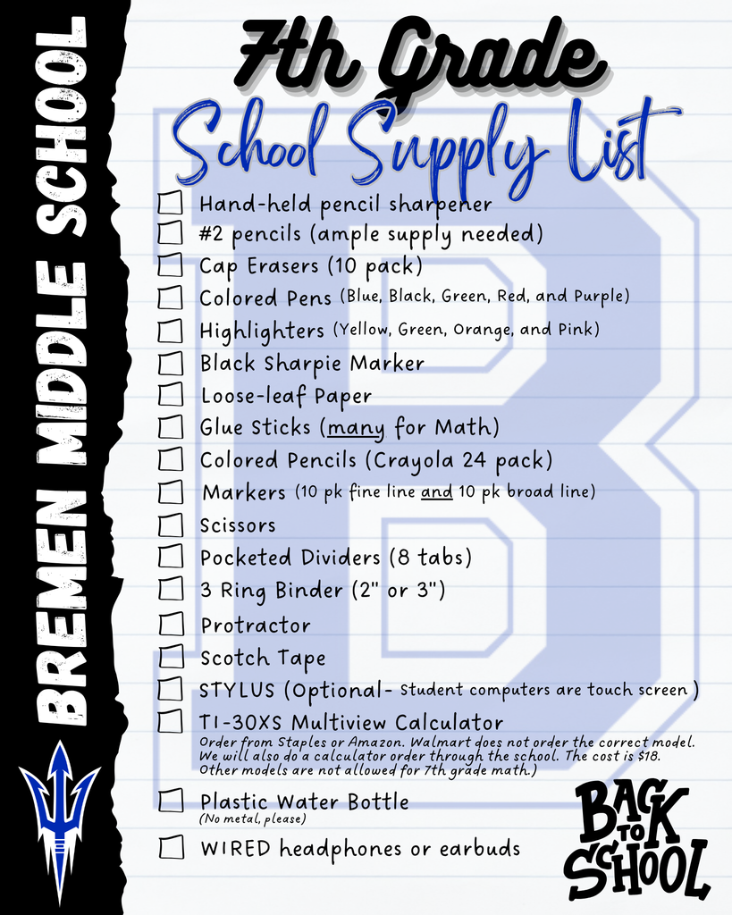 7th grade supply list