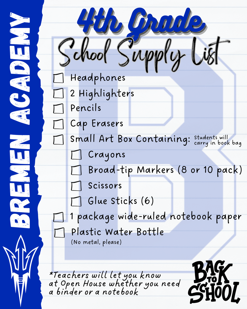 4th grade supply list