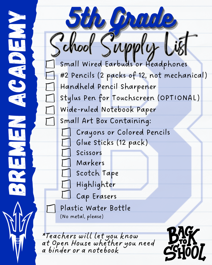 5th grade supply list