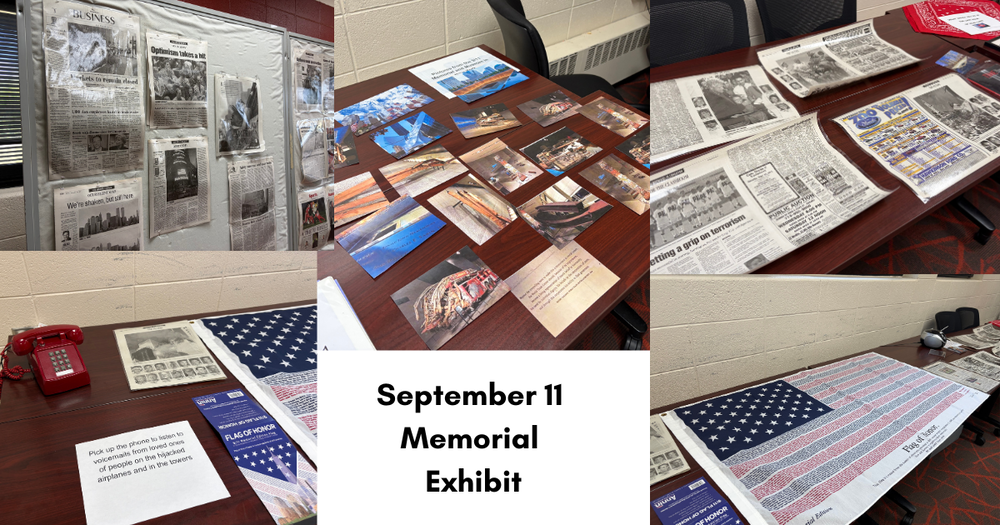 Collage of the District 228 September 11 Memorial Exhibit at Tinley Park High School, featuring historical newspapers, photographs, a red telephone with recorded voicemails, and a commemorative American flag displaying the names of victims.