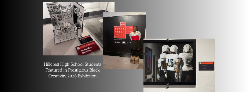 Hillcrest High School Senior Pashance Booth poses for a photo at the Black Creativity Exhibition. Artwork by Booth and senior Jordin Ortiz on display at the museum.  