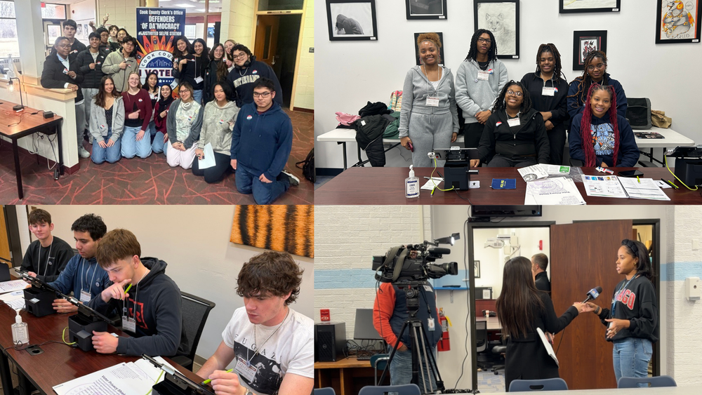 Collage of photos showing Bremen High School District 228 students participating in a Cook County student voting pilot program. Students pose in front of a “Defenders of Democracy” sign, serve as student election judges at a check-in table with voting equipment and ballots, cast ballots using electronic voting machines, and are interviewed by a local news crew inside the school building.