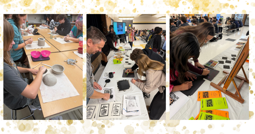 Three-photo collage of Oak Forest High School students participating in hands-on art activities during National Arts in Education Week. Students shape clay, create prints and draw colorful designs at interactive Fine Arts tables in the school cafeteria.