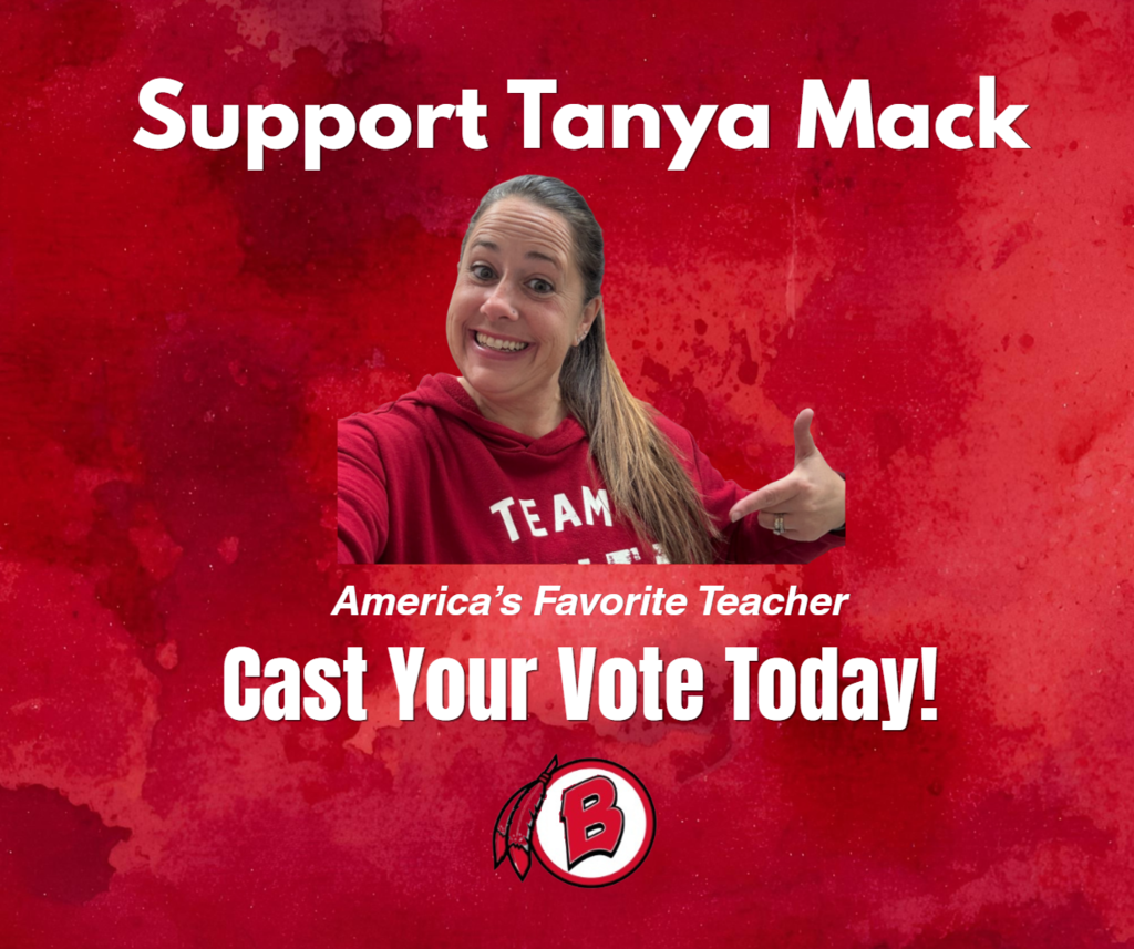 A red promotional graphic featuring a smiling female teacher in a red sweatshirt pointing toward herself. The text reads “Support Tanya Mack,” “America’s Favorite Teacher,” and “Cast Your Vote Today!” with a Bremen High School District 228 “Bremen” logo at the bottom.