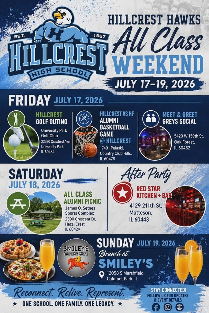 Flyer for the “Hillcrest Hawks All Class Weekend” alumni reunion happening July 17–19, 2026. The blue-and-white graphic features the Hillcrest High School hawk mascot and lists weekend events including a golf outing, alumni basketball game, meet-and-greet social, all-class picnic, after party at Red Star Kitchen + Bar, and Sunday brunch at Smiley’s. The flyer ends with the slogan: “Reconnect. Relive. Represent. One school. One family. One legacy.”