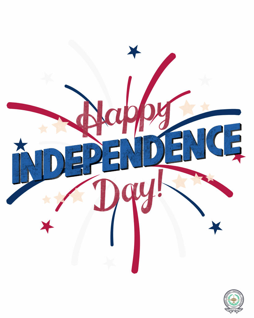 Graphic featuring red, white, and blue fireworks surrounding the message "Happy Independence Day!" in bold patriotic lettering on a white background. The Bremen High School District 228 logo appears in the bottom-right corner.