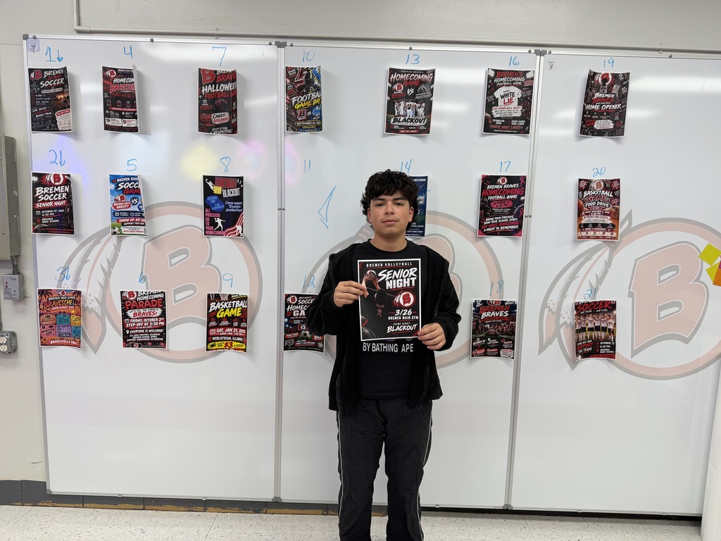 Jaime M. poses with the winning advertisement from Bremen High School’s 2026 Sports & Entertainment Marketing Flyer Competition.