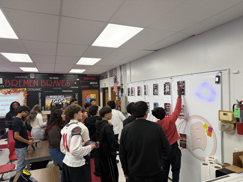 Bremen High School Sports & Entertainment Marketing students display promotional flyers they created for upcoming school events using advertising strategies and AI tools. Jaime Mendez was selected as the winner of the 2026 Flyer Competition.