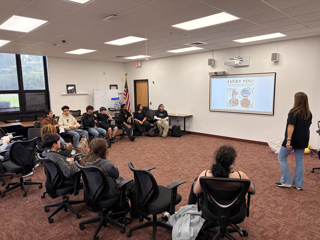 Millie Shepich leads a group of BHS students in a discussion and interactive activities about how the brain responds to difficult situations during Wellness Wednesday.