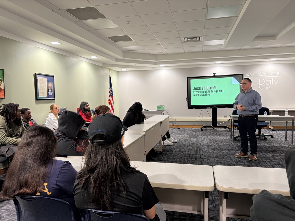 Jose Villarruel, president of JV Design and Manufacturing, shares his story with Delta Academy students during a Hispanic Heritage Month presentation at South Suburban College.