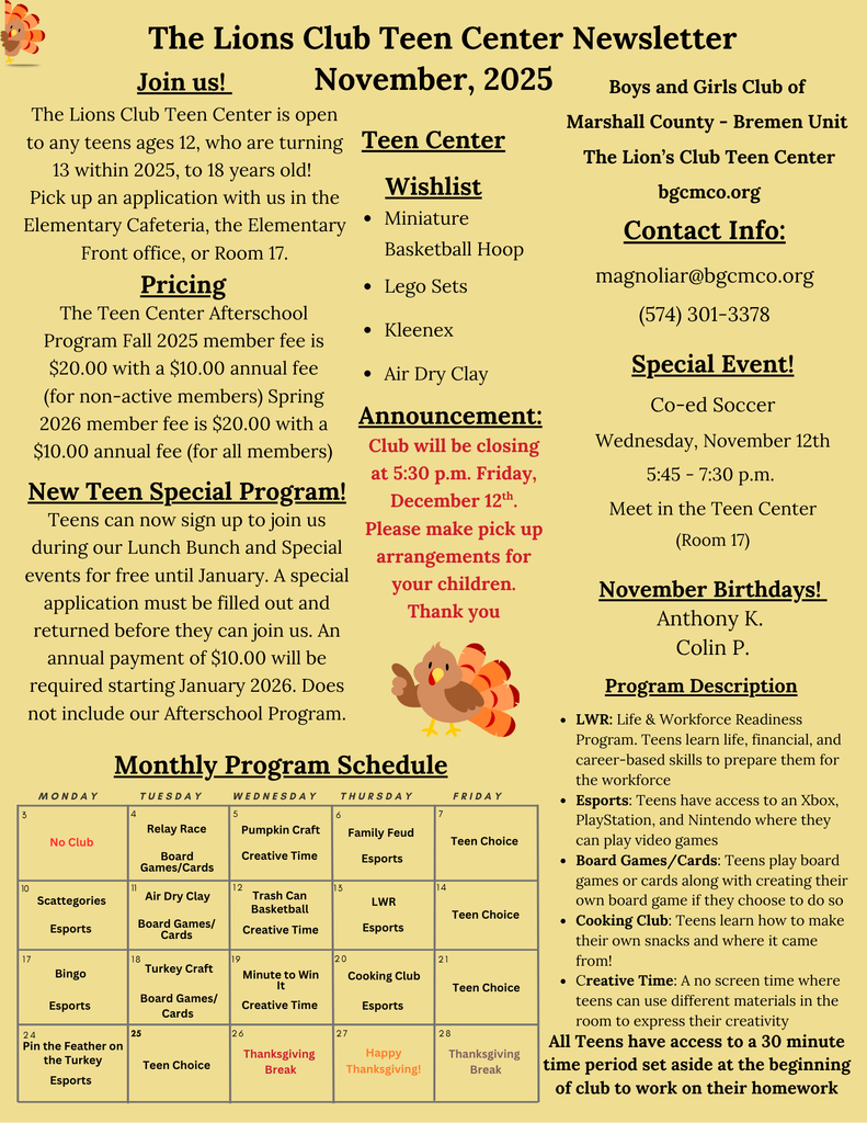 The Lions Club Teen Center November Newsletter.