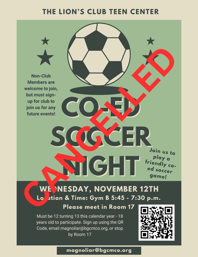 The Lion's Club Teen Centers Co-ed Soccer Night has been Cancelled. 