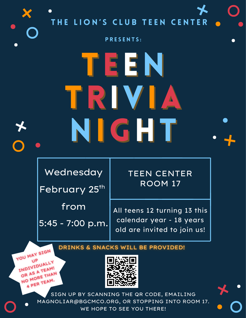The Lion's Club Teen Center Teen Trivia Night Flyer, Event is Wednesday February 25th from 5:45 - 7:00 p.m. in Room 17. 