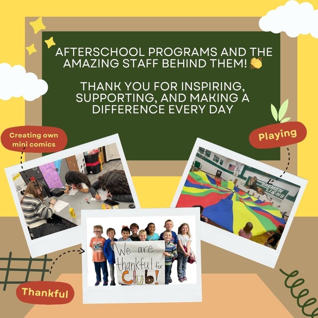 afterschool programs and the amazing staff behind them! 👏  Thank you for inspiring, supporting, and making a difference every day  - With three pictures doing Drawling and playing and just saying thank you. 