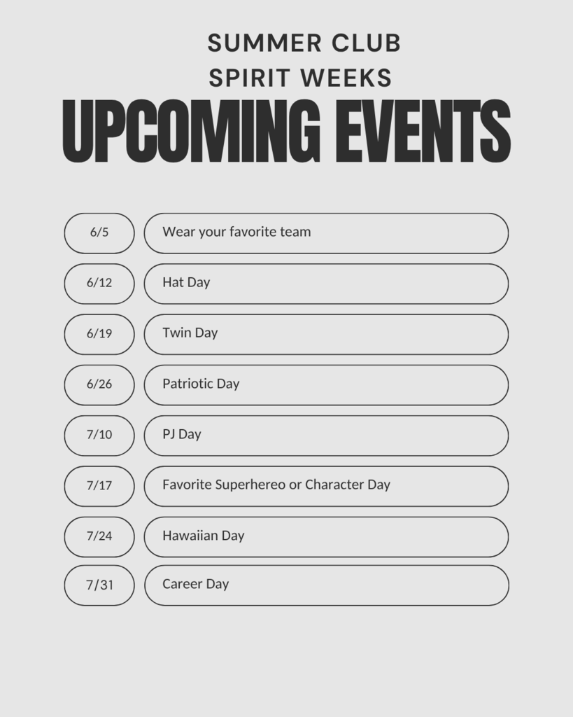 BGC Summer Spirit Week Events List!