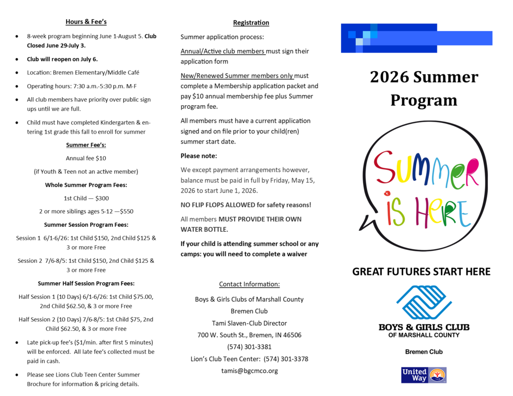 BGC 2026 Summer Club Program information brochure. 
