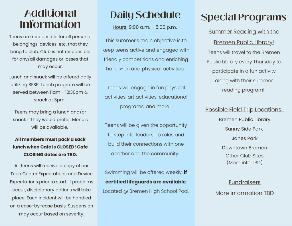 BGC Teen Center 2026 Summer Brochure Page 2